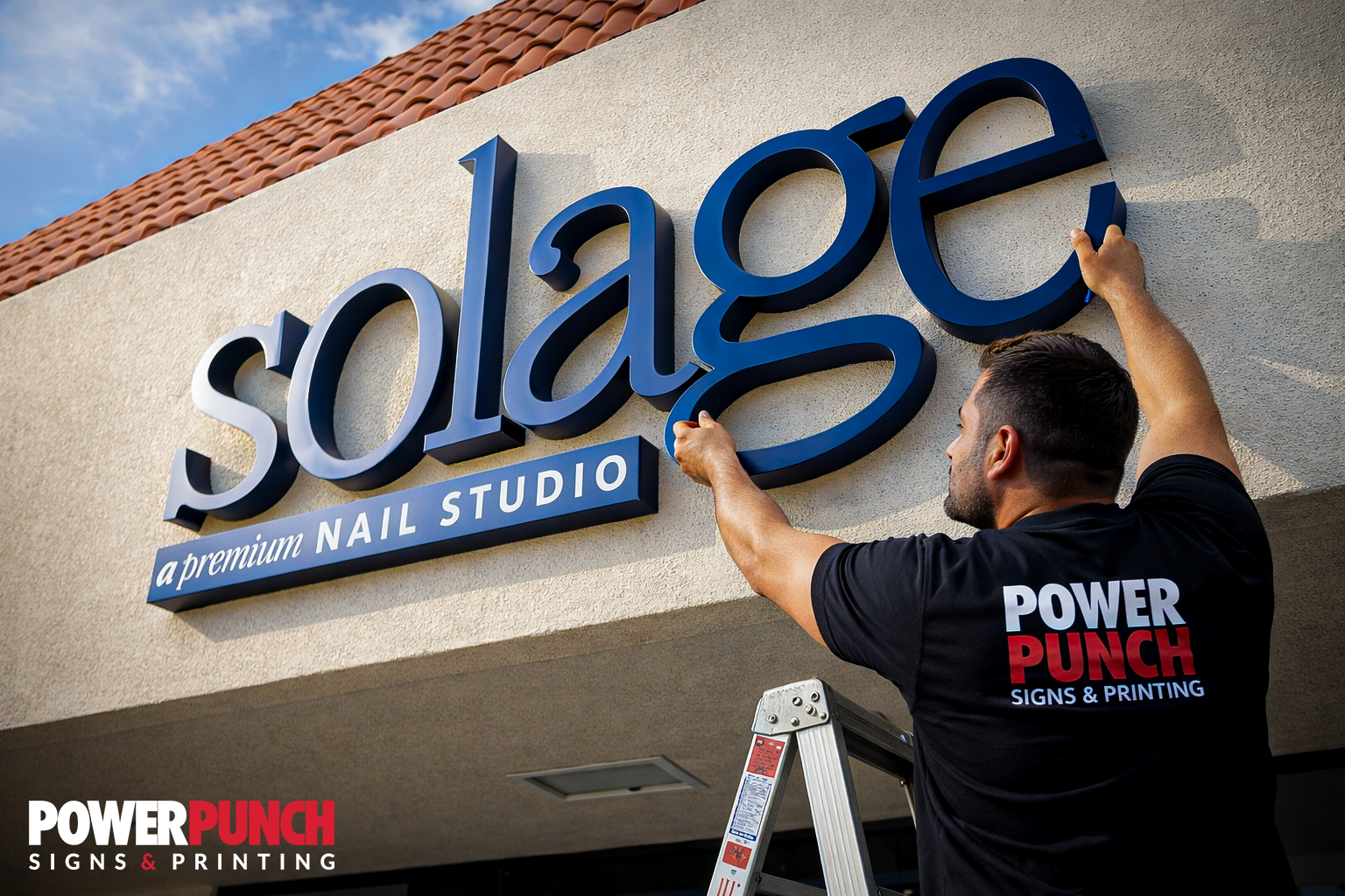 man installing sign, sign, powerpunch, power punch, sign installation